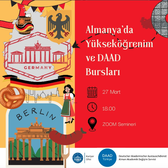 Almanya'da burs olanakları nedir? Kabul almak için neler yapmak gerekir? Almanya'da; CV, motivasyon mektubu gibi konularda nelere dikkat ediyor? Üniversitelerin ücretleri ve yaşam maliyetleri gibi pek çok konunun konuşulduğu online seminerimiz 27 Mart 2024 tarihinde online olarak gerçekleştirildi.